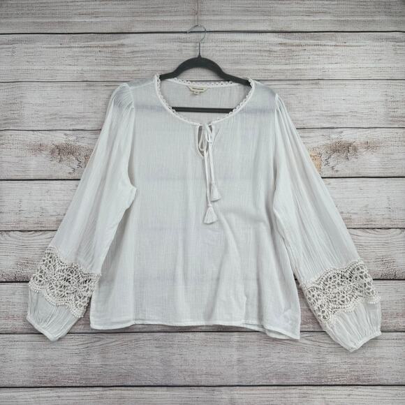 Lucky Brand Crochet Sleeve Semi Sheer Blouse Womens Large White Tie Neck - Picture 1 of 14